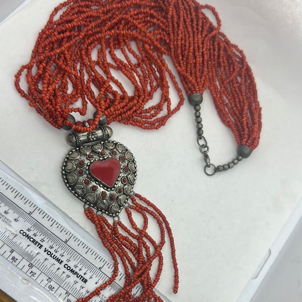 Red and Silver Multi-Strand Necklace with Ornate Pendant
